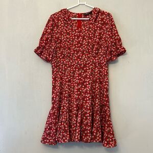 Allegra K red cherry pattern short sleeve ruffle collar dress Size M New
